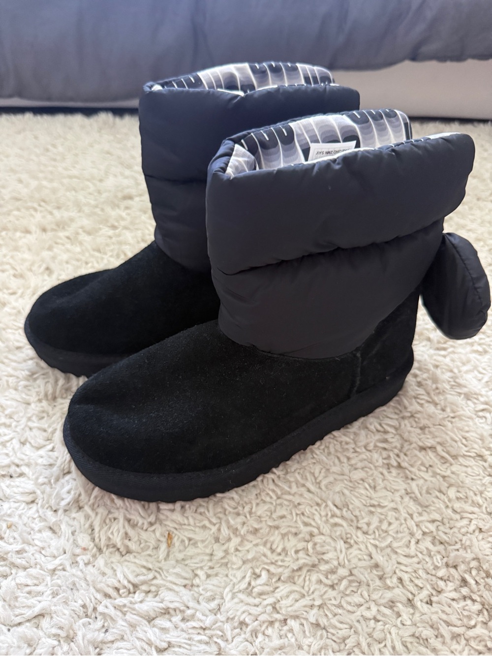 UGG Kids Black Puffer Cuff Suede-Look Winter Boots